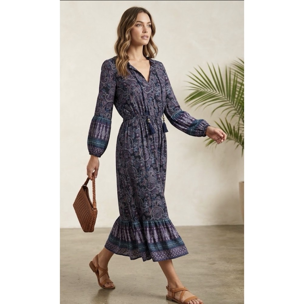 FRYE & Co. Women's Boho Paisley Tassel Tie Maxi Dress Long Sleeve Size XS